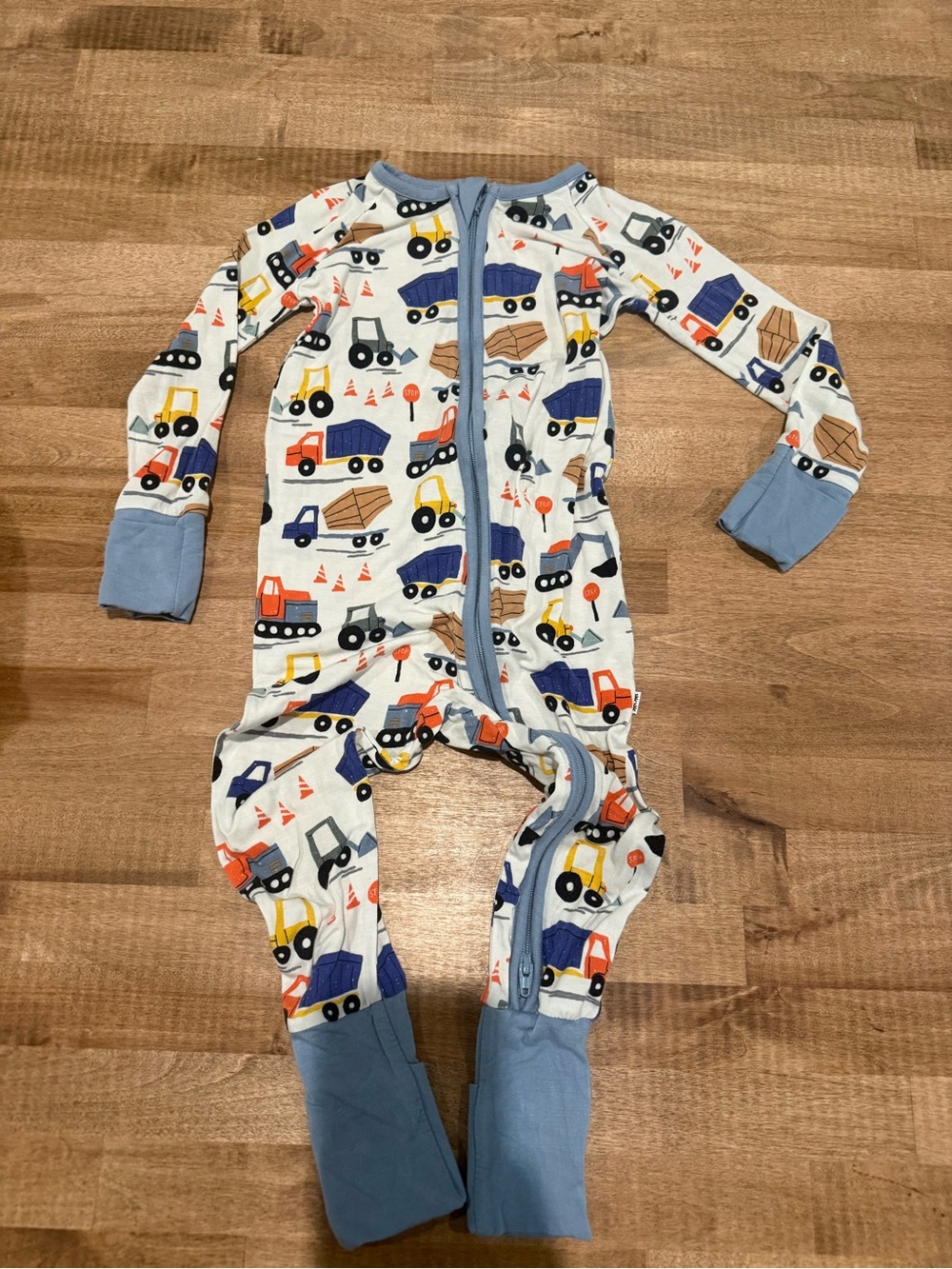 Little Sleepies White Construction Vehicle Footed One-Piece with Blue Trim